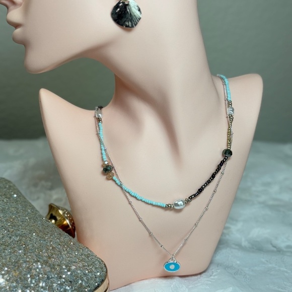 NEW | 18K Gold Plated Necklace with Blue and Silver Tones - Picture 4 of 6